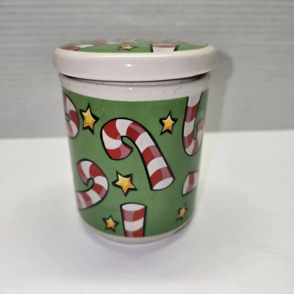 Merry Brite Candy Cane Hand‎ Painted Lidded Canister Small Seasonal Adorable